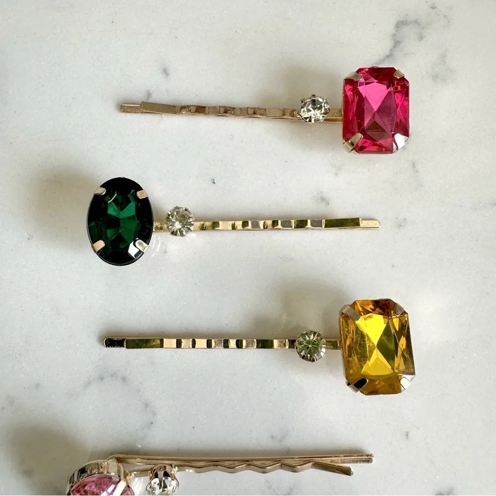 Colorful Rhinestone Gold Bobby Pin 6 pc Oval Rectangle Clip Hair Accessory NEW